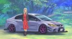  1girl car dress floral_print grey_hair ground_vehicle highres honda honda_civic jacket jacket_on_shoulders looking_to_the_side momo_hiki motor_vehicle original personification red_dress vehicle_focus yellow_eyes 