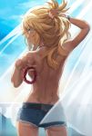  1girl ass back belt blonde_hair blush bracelet breasts eyebrows_visible_through_hair eyes_visible_through_hair fate/apocrypha fate_(series) green_eyes highres jewelry looking_at_viewer medium_hair mordred_(fate) mordred_(fate)_(all) solo tonee topless upper_body 