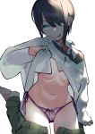  1girl :q absurdres arm_support bangs black_hair black_neckwear blue_eyes blush bow bow_panties breasts closed_mouth eyebrows_visible_through_hair green_pants hair_over_one_eye highres lifted_by_self long_sleeves looking_at_viewer navel necktie no_bra no_shoes omucchan_(omutyuan) original panties pants pants_pull purple_panties shirt_lift short_hair side-tie_panties simple_background sitting sleeves_past_wrists small_breasts smile socks solo tongue tongue_out underwear white_background white_legwear 