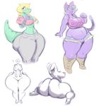  2017 4_fingers ? absurd_res alligator alligatorid angstrom anthro belly belly_overhang big_breasts big_butt biped black_eyes black_hair blonde_hair blush boots bottomwear bratty_(undertale) breasts butt catty_(undertale) cleavage clothed clothing crocodilian crop_top curvy_figure digital_media_(artwork) domestic_cat fangs featureless_crotch felid feline felis female fingers footwear front_view gesture group hair hands_behind_head hi_res huge_butt huge_hips humanoid hyper hyper_butt hyper_hips looking_at_viewer mammal midriff multicolored_hair navel nipples open_mouth open_smile overweight overweight_female pants pointing purple_hair raised_arm rear_view reptile scalie shirt shorts simple_background smile standing tank_top text thick_thighs topwear two_tone_hair undertale video_games voluptuous white_background wide_hips yellow_eyes yellow_sclera 