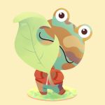  2020 amphibian animal_crossing anthro barefoot big_head brown_body brown_skin camo camo_skin camofrog_(animal_crossing) clothed clothing frog green_body green_skin jacket leaf looking_at_viewer male multicolored_body multicolored_skin nintendo orange_jacket portrait pose simple_background smile solo standing talice_(artist) tan_background toony topwear video_games 