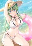  1girl arm_up armpits bare_arms bare_legs bare_shoulders barefoot beach bikini black_bikini blue_eyes breasts cleavage commentary_request day flower frog_hair_ornament fule green_hair hair_ornament hat hat_flower highres innertube kochiya_sanae large_breasts long_hair looking_at_viewer navel outdoors sand side-tie_bikini snake_hair_ornament solo stomach straw_hat summer swimsuit touhou water white_bikini yellow_flower 