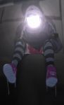  1girl black_hoodie blurry blurry_foreground boots depth_of_field emoticon full_body glowing hood hood_up hoodie icehotmilktea love_live! love_live!_school_idol_project pink_footwear pleated_skirt red_skirt shoe_soles sitting skirt solo striped striped_legwear tennouji_rina thighhighs untied untied_boots 