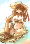  2020 anthro beverage_can bikini breasts brown_hair canid canine canis clothed clothing domestic_dog female fur genitals hair hat headgear headwear kemono mammal nipples partially_submerged pussy setouchi_kurage solo swimwear tan_body tan_fur translucent translucent_clothing water 