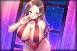  1girl :d aizawa_chihiro blush breasts brown_hair collarbone cowboy_shot curtains earrings halterneck jewelry large_breasts leaning_forward long_hair looking_at_viewer mature open_mouth original red_eyes revealing_clothes slingshot_swimsuit smile solo swimsuit 