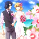  1boy 1girl :d athrun_zala bangs black_neckwear black_vest blonde_hair blue_hair blue_sky blurry_foreground bouquet cagalli_yula_athha cloud collared_shirt couple dress eye_contact flower green_eyes grey_pants gundam gundam_seed hair_between_eyes hair_flower hair_ornament hibiscus holding holding_bouquet looking_at_another ocean open_mouth pants parubinko pink_flower shirt short_dress short_hair sky sleeveless sleeveless_dress smile standing vest white_dress white_shirt wing_collar yellow_eyes 