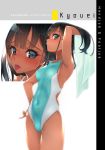  1girl bangs bare_shoulders blue_eyes breasts brown_hair competition_swimsuit covered_navel eyebrows_visible_through_hair hetero highres looking_at_viewer medium_breasts multiple_views murakami_suigun one-piece_swimsuit original small_breasts sweat swimsuit tongue tongue_out 