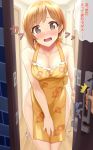  1girl @_@ aiba_yumi apron bangs blonde_hair blush breasts cleavage collarbone commentary_request door doorway eyebrows_visible_through_hair fingernails floral_print grey_eyes highres holding idolmaster idolmaster_cinderella_girls leaning_forward looking_at_viewer naked_apron oga_raito open_mouth shiny shiny_hair short_hair speech_bubble sweat tongue wavy_mouth yellow_apron 