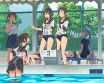  0_0 6+girls ayanami_(kantai_collection) bench black_hair black_sailor_collar black_skirt black_swimsuit blue_skirt blush_stickers brown_hair chain-link_fence closed_eyes commentary_request fence fubuki_(kantai_collection) hatsuyuki_(kantai_collection) kantai_collection kusakabe_(kusakabeworks) low_ponytail low_twintails lying miyuki_(kantai_collection) multiple_girls murakumo_(kantai_collection) orange_eyes pleated_skirt ponytail sailor_collar sailor_shirt school_swimsuit school_uniform serafuku shikinami_(kantai_collection) shirayuki_(kantai_collection) shirt short_hair short_ponytail sidelocks sitting skirt standing swimsuit swimsuit_under_clothes tree twintails water wet wet_clothes wet_swimsuit white_shirt 