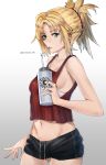  1girl anonamos armpits bare_arms bare_shoulders black_shorts blonde_hair bottle braid breasts cowboy_shot crop_top drawstring drinking_straw fate/grand_order fate_(series) gradient gradient_background green_eyes groin highres holding long_hair looking_at_viewer midriff mordred_(fate) mordred_(fate)_(all) navel ponytail red_shirt shirt short_shorts shorts sleeveless sleeveless_shirt small_breasts solo 