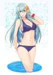 1girl aqua_hair arms_behind_back bikini commentary_request cowboy_shot flower green_eyes hair_flower hair_ornament kantai_collection long_hair looking_at_viewer nuko_(phylactery) purple_bikini red_scrunchie scrunchie smile soaking_feet solo standing suzuya_(kantai_collection) swimsuit water white_background wrist_scrunchie 