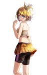  1girl :d bangs black_shorts blonde_hair blue_eyes blush bow cheerleader hair_bow highres kagamine_rin looking_at_viewer looking_back midriff miniskirt nail_polish one_side_up open_mouth orange_nails pleated_skirt shiny shiny_hair short_hair shorts shorts_under_skirt shoulder_blades simple_background sing&amp;smile_(vocaloid) skirt smile solo strapless sweat swept_bangs tsukishiro_saika vocaloid wet wet_hair white_background yellow_bow yellow_skirt 