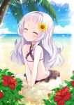  1girl beach blush closed_eyes collarbone highres hololive lavender_hair long_hair looking_at_viewer murasaki_shion ocean open_mouth palm_tree plant sand sasakura_momiji seiza sitting sky smile solo swimsuit tree virtual_youtuber 