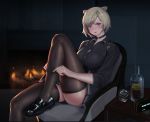  1girl absinthe_(arknights) absurdres animal_ears arknights bangs bear_ears black_choker black_footwear black_shirt blush bottle breasts chair chinese_commentary choker commentary_request cup drinking_glass feet_out_of_frame fire grey_hair highres indoors jangsunyo knee_up large_breasts long_sleeves looking_at_viewer partial_commentary red_eyes shirt shoes short_hair sitting solo thighhighs thighs 