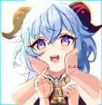  1girl absurdres ahoge artist_name bell blue_hair blush curled_horns eyebrows_visible_through_hair ganyu_(genshin_impact) genshin_impact goat_horns hair_between_eyes hands_on_another&#039;s_cheeks hands_on_another&#039;s_face highres horns looking_at_viewer multicolored_eyes neck_bell open_mouth rukiyo sketch smile twitter_username white_background 
