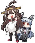  2girls =_= ahoge bangs black_legwear blunt_bangs boots brown_hair brown_skirt crossed_arms detached_sleeves double_bun dress eyebrows_visible_through_hair full_body hair_ribbon hairband hakama_skirt headgear japanese_clothes kantai_collection kongou_(kantai_collection) koopo long_hair multiple_girls murakumo_(kantai_collection) necktie orange_eyes pantyhose red_neckwear ribbon ribbon-trimmed_sleeves ribbon_trim sailor_dress sidelocks silver_hair simple_background skirt smile standing thigh_boots thighband_pantyhose thighhighs tress_ribbon white_background 