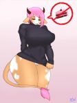  absurd_res acw anthro big_breasts bottomless bovid bovine breasts cattle clothed clothing curvy_figure female genitals hair hi_res horn huge_breasts mammal nameless_character no_underwear pink_hair pussy shy simple_background solo sweater tagme text thick_thighs topwear url 