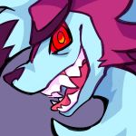  2020 black_nose fur hair headshot_portrait hi_res iswiss lycanroc midnight_lycanroc nintendo open_mouth pok&eacute;mon pok&eacute;mon_(species) portrait purple_background red_body red_eyes red_fur red_sclera sharp_teeth simple_background teeth tongue video_games white_body white_fur white_hair 