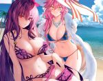  2girls beach bikini breasts cat_smile cleavage clouds cropped fate/grand_order fate_(series) foxgirl garter hat long_hair necklace pink_hair ponytail purple_hair red_eyes ribbons scathach_(fate/grand_order) sky swimsuit tail tamamo_no_mae_(fate) water wet wristwear xin_(moehime) yellow_eyes 
