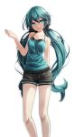  1girl aqua_eyes arm_behind_back bangs black_bow black_shorts blue_hair blue_nails blue_shirt bow closed_mouth collarbone floating_hair green_ponpoko_(module) hair_between_eyes hair_bow hatsune_miku head_tilt highres kunoichi_demo_koi_ga_shitai_(vocaloid) long_hair looking_at_viewer nail_polish project_diva_(series) shiny shiny_hair shirt short_shorts shorts simple_background sleeveless sleeveless_shirt smile solo spaghetti_strap standing tsukishiro_saika twintails very_long_hair vocaloid white_background 