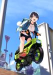  1girl backpack bag black_eyes black_hair boots brown_footwear earrings gen_(black_factory) ground_vehicle gym_uniform highres jacket jewelry minibike motocompo motor_vehicle motorcycle open_mouth original outdoors randoseru riding short_hair shorts 