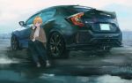  1girl blue_eyes brown_hoodie car denim ground_vehicle highres honda honda_civic jeans looking_down momo_hiki motor_vehicle orange_hair original pants personification short_hair vehicle_focus 