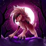  1:1 2016 ambiguous_gender black_nose cheek_tuft chest_tuft claws detailed_background digital_media_(artwork) facial_tuft fingers full_moon fur hair hi_res lycanroc midnight_lycanroc moon night nintendo pok&eacute;mon pok&eacute;mon_(species) pokemonpassage red_body red_eyes red_fur signature smile solo teeth tree tuft video_games white_body white_fur white_hair 