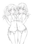  2girls bangs bikini blush bow breasts cleavage closed_mouth collarbone eyebrows_visible_through_hair floating_hair flower frilled_bikini frills greyscale grin hair_between_eyes hair_bow hair_flower hair_intakes hair_ornament halterneck hand_on_another&#039;s_hip highres long_hair looking_at_viewer medium_hair misaka_mikoto monochrome multiple_girls navel puma_(hyuma1219) shirai_kuroko side-tie_bikini simple_background sketch small_breasts smile standing swimsuit to_aru_majutsu_no_index twintails twitter_username v white_background yuri 