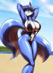  2_tails big_breasts bikini black_sclera blue_body blue_eyes blue_fur breasts canid canine cleavage clothed clothing fox fur hands_behind_head hi_res mammal multi_tail pose sling_bikini swimwear thick_thighs toughset wide_hips 