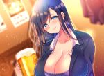  1girl aizawa_chihiro alcohol beer beer_mug black_hair blue_eyes blush breasts cleavage closed_mouth collarbone cup formal huge_breasts long_hair looking_at_viewer mug office_lady official_art original sidelocks smile solo suit upper_body 