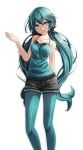  1girl aqua_eyes arm_behind_back bangs black_bow black_shorts blue_hair blue_legwear blue_nails blue_shirt bow closed_mouth collarbone floating_hair green_ponpoko_(module) hair_between_eyes hair_bow hatsune_miku head_tilt highres kunoichi_demo_koi_ga_shitai_(vocaloid) legwear_under_shorts long_hair looking_at_viewer nail_polish pantyhose project_diva_(series) shiny shiny_hair shirt short_shorts shorts simple_background sleeveless sleeveless_shirt smile solo spaghetti_strap standing tsukishiro_saika twintails very_long_hair vocaloid white_background 