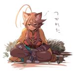  2019 animal_humanoid bottomwear breasts brown_hair cat_humanoid clothing crouching felid felid_humanoid feline feline_humanoid female footwear grass hair hoodie humanoid mammal mammal_humanoid nekoarashi open_mouth shoes shorts solo topwear yagatake_arashi 