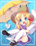  1girl arms_up bangs black_footwear blonde_hair blue_background blue_eyes brown_headwear chibi commentary_request eyebrows_visible_through_hair fang hair_ribbon hat high_collar highres holding holding_umbrella leaning_back long_sleeves looking_at_viewer mary_janes matatabi_(nigatsu) moriya_suwako open_mouth outline panties pantyshot parted_bangs patterned_background polka_dot polka_dot_umbrella purple_skirt purple_vest ribbon shirt shoes short_hair sidelocks sitting skin_fang skirt solo star_(symbol) striped striped_background teruterubouzu thighhighs touhou umbrella underwear unmoving_pattern vest water_drop white_legwear white_panties white_shirt wide_sleeves yellow_umbrella 