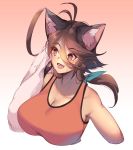  2019 animal_humanoid big_breasts bodily_fluids breasts brown_hair cat_humanoid clothing felid felid_humanoid feline feline_humanoid female hair humanoid inner_ear_fluff mammal mammal_humanoid nekoarashi open_mouth portrait shirt simple_background smile solo sweat tank_top topwear towel tuft yagatake_arashi 