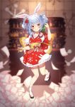  1girl alcohol animal_ear_fluff animal_ears ankle_socks bar bartender blue_hair blurry blurry_background bottle bow bunny_ear_socks bunny_ears collarbone don-chan_(hololive) double_bun eyebrows_visible_through_hair frills geta hair_ornament highres hololive japanese_clothes kimono large_bow moritatsu obi red_eyes sash snow_print solo tabi thick_eyebrows usada_pekora virtual_youtuber whiskey white_legwear yellow_belt yellow_bow yukata 