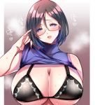  1girl :d aizawa_chihiro bare_shoulders black_bra black_hair blue_eyes blush bra breasts cleavage clothes_lift huge_breasts looking_at_viewer open_mouth original red-framed_eyewear semi-rimless_eyewear short_hair sleeveless sleeveless_turtleneck smile solo steam sweat tareme turtleneck under-rim_eyewear underwear upper_body 