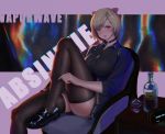  1girl absinthe_(arknights) animal_ears arknights bangs bear_ears black_choker black_footwear black_shirt blush bottle breasts chair chinese_commentary choker commentary_request cup drinking_glass feet_out_of_frame grey_hair highres jangsunyo knee_up large_breasts long_sleeves looking_at_viewer partial_commentary purple_background red_eyes shirt shoes short_hair sitting solo thighhighs thighs 