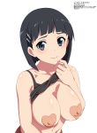  1girl areola_slip areolae black_eyes black_hair breasts closed_mouth collarbone covered_nipples ezokuroten hair_ornament hairclip heart_pasties highres kirigaya_suguha large_breasts lifted_by_self looking_at_viewer pasties short_hair simple_background solo sword_art_online twitter_username upper_body wavy_mouth white_background 