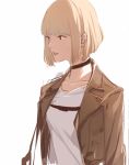  1girl bangs blonde_hair blunt_bangs breasts brown_jacket choker commentary_request from_side jacket matsunaga777 open_clothes open_eyes open_jacket open_mouth paradis_military_uniform shingeki_no_kyojin shirt short_hair simple_background solo sweatdrop uchi_emiri upper_body watashi_ga_motenai_no_wa_dou_kangaetemo_omaera_ga_warui! white_background white_shirt 