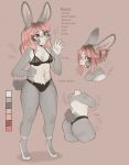  5_fingers anthro bra breasts brown_background butt chest_tuft clothing crotch_tuft digitigrade domestic_rabbit dutch_rabbit english_text eyelashes female fingers fur gesture grey_body grey_fur hair hair_bun hand_on_hip hi_res lagomorph leporid lewdshiba long_hair looking_at_viewer maeve_(lewdshiba) mammal markings model_sheet multi_nipple navel nipples oryctolagus panties pink_hair pink_nose rabbit red_eyes scut_tail simple_background solo standing text tongue tongue_out tuft underwear waving white_body white_fur 