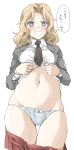  1girl black_neckwear blazer blonde_hair blue_eyes blue_panties blush bow bow_panties bright_pupils commentary cowboy_shot dress_shirt elf_(stroll_in_the_woods) girls_und_panzer grey_jacket grin groin hair_intakes heart heartbeat highres jacket kay_(girls_und_panzer) lifted_by_self long_hair long_sleeves looking_at_viewer miniskirt navel necktie open_clothes open_jacket panties pleated_skirt red_skirt saunders_school_uniform school_uniform shirt shirt_lift simple_background skindentation skirt skirt_pull smile solo standing string_panties sweat thigh_gap translated underwear white_background white_pupils white_shirt wing_collar 