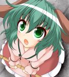  1girl :o animal_ears bamboo_broom broom commentary_request day dress eyebrows_visible_through_hair foreshortening from_above green_eyes green_hair hair_between_eyes head_tilt highres holding holding_broom kasodani_kyouko layered_skirt looking_to_the_side looking_up muumuu_(sirufuruteienn) open_mouth outdoors pink_dress pleated_skirt short_hair skirt sleeves_past_wrists solo standing touhou 