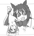  2girls animal_ears baby collared_shirt commentary_request greyscale holding_another&#039;s_leg horse_ears horse_girl kin&#039;iro_ryotei_(umamusume) looking_at_viewer mask monochrome mouth_mask multiple_girls orfevre_(umamusume) reference_request shirt shuanghu-miku sketch sunglasses umamusume upside-down watch wristwatch younger 