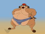 2020 anthro basicbiscuit belly big_belly brown_body brown_fur disney fur hair herpestid hi_res male mammal meerkat moobs obese overweight plantigrade red_hair simple_background sumo tan_body tan_fur the_lion_king timon 