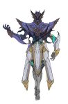  1boy armor bat bat_wings black_eyes catball1994 claw_pose clawed_boots clawed_gauntlets commentary_request elbow_spikes fake_horns helmet high_collar highres horned_helmet horns kamen_rider kamen_rider_live kamen_rider_revice looking_at_viewer male_focus open_hands shaded_face sheath sheathed spiked_armor spiked_helmet splatter sword symmetry thigh_strap walking weapon white_armor white_background wings 