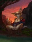  2020 anthro areola black_nose blind blizzard_entertainment breasts brown_body brown_fur canid clitoral_hood clitoris detailed_background female fur genitals inner_ear_fluff jewelry mammal milkwyvern necklace nipples outside pawpads pussy scar solo spread_legs spreading tree tuft video_games vulpera warcraft 