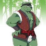  2020 anthro barazoku blush bulge clothing fur green_body green_fur humanoid_hands kemono low_res male mammal solo tabo_bear underwear ursid 