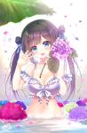  1girl :d bangs bare_shoulders bikini black_hair blue_bow blue_eyes blue_flower blush bow breasts cleavage collarbone commentary_request double_bun eyebrows_visible_through_hair flower front-tie_bikini front-tie_top groin hair_bow hands_up head_tilt holding holding_flower hydrangea large_breasts long_hair navel open_mouth original pink_flower purple_flower rain red_flower signature smile solo standing swimsuit twintails very_long_hair water white_bikini yuutsuki_hina 