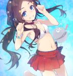  1girl air_bubble bangs bikini blue_eyes blush bracelet breasts brown_hair bubble choker fate/grand_order fate_(series) forehead grin highres jewelry leonardo_da_vinci_(fate/grand_order) leonardo_da_vinci_(rider)_(fate) long_hair looking_at_viewer navel parted_bangs red_skirt saipaco sidelocks skirt small_breasts smile swimsuit thighs twintails underwater white_bikini 