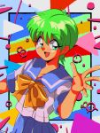  1990s_(style) 1girl araizumi_rui_(style) blue_skirt eyebrows_visible_through_hair green_eyes green_hair highres kiyokawa_nozomi looking_to_the_side open_hand potiri02 school_uniform serafuku short_hair skirt solo tokimeki_memorial tokimeki_memorial_1 